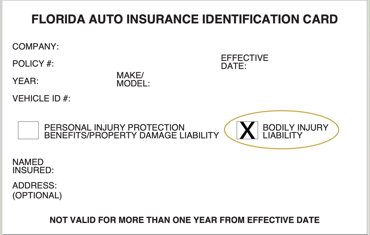Example showing where bodily injury coverage appears on an insurance card